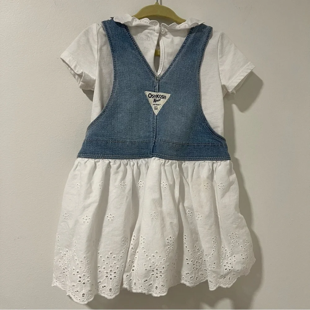 Osh Kosh B'Gosh Toddler Girl Blue Jean White Eyelet Bib Overall Dress Size 2T